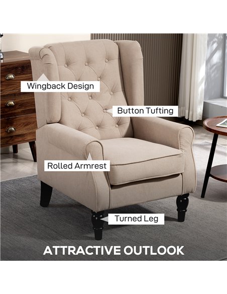 HOMCOM Wingback Accent Chair, Retro Upholstered Button Tufted Occasional Chair for Living Room and Bedroom, Beige - pic 167179 | FastDaddyshop