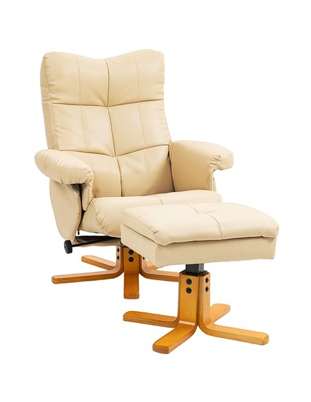 HOMCOM PU Leather Swivel Recliner Chair with Footstool, Wooden Base and Storage for Living Room, Beige - pic 167185 | FastDaddyshop