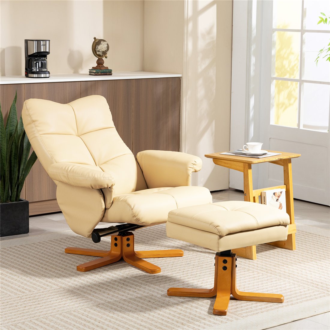 HOMCOM PU Leather Swivel Recliner Chair with Footstool and Storage Beige 833-358V70CW pic1
