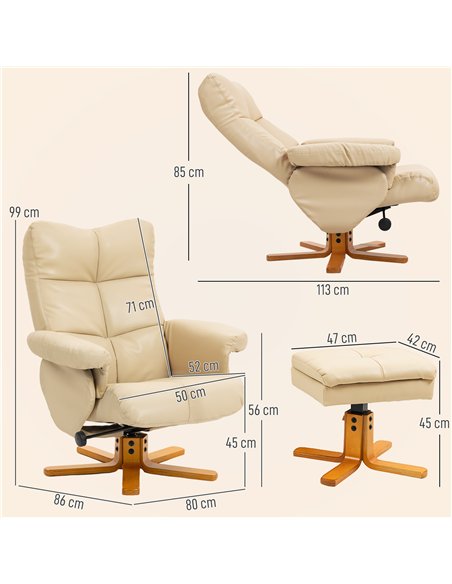 HOMCOM PU Leather Swivel Recliner Chair with Footstool, Wooden Base and Storage for Living Room, Beige - pic 167187 | FastDaddyshop