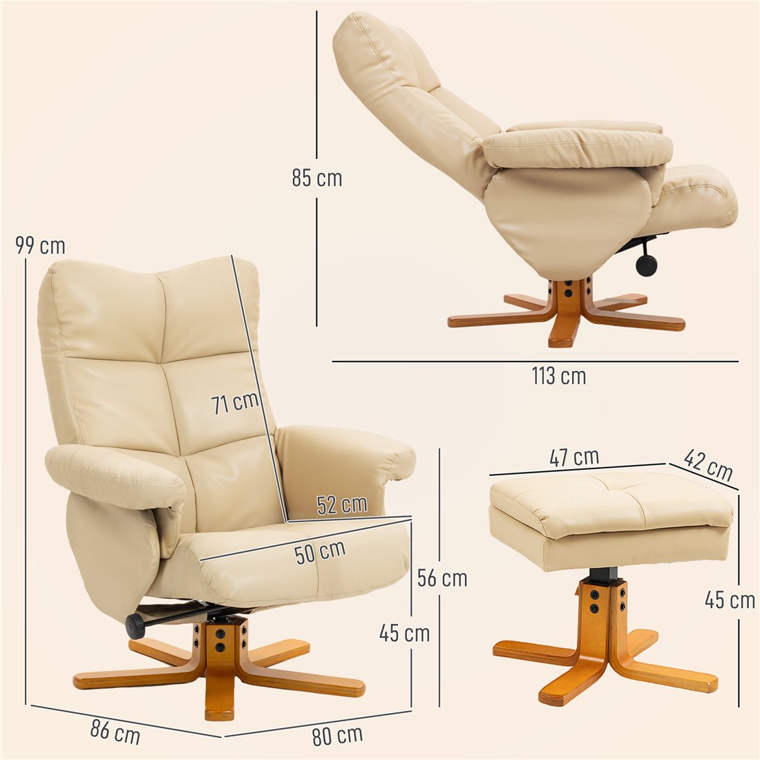 HOMCOM PU Leather Swivel Recliner Chair with Footstool and Storage Beige 833-358V70CW pic2