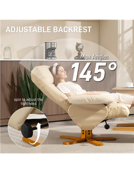 HOMCOM PU Leather Swivel Recliner Chair with Footstool, Wooden Base and Storage for Living Room, Beige - pic 167188 | FastDaddyshop