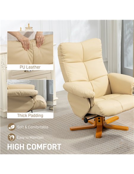 HOMCOM PU Leather Swivel Recliner Chair with Footstool, Wooden Base and Storage for Living Room, Beige - pic 167190 | FastDaddyshop