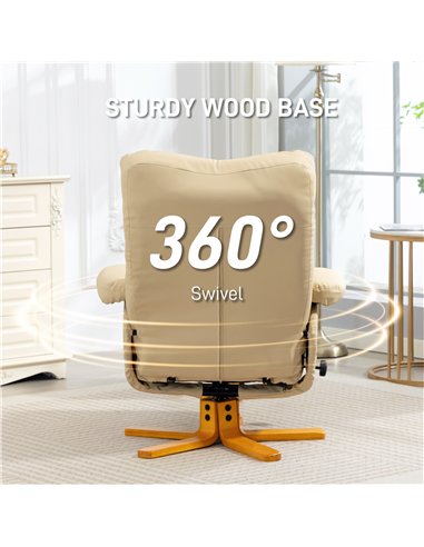HOMCOM PU Leather Swivel Recliner Chair with Footstool, Wooden Base and Storage for Living Room, Beige