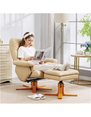 HOMCOM PU Leather Swivel Recliner Chair with Footstool, Wooden Base and Storage for Living Room, Beige