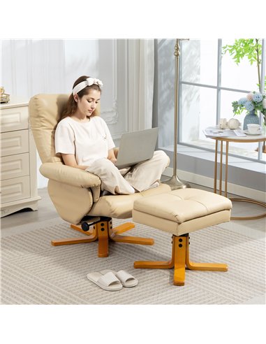 HOMCOM PU Leather Swivel Recliner Chair with Footstool, Wooden Base and Storage for Living Room, Beige