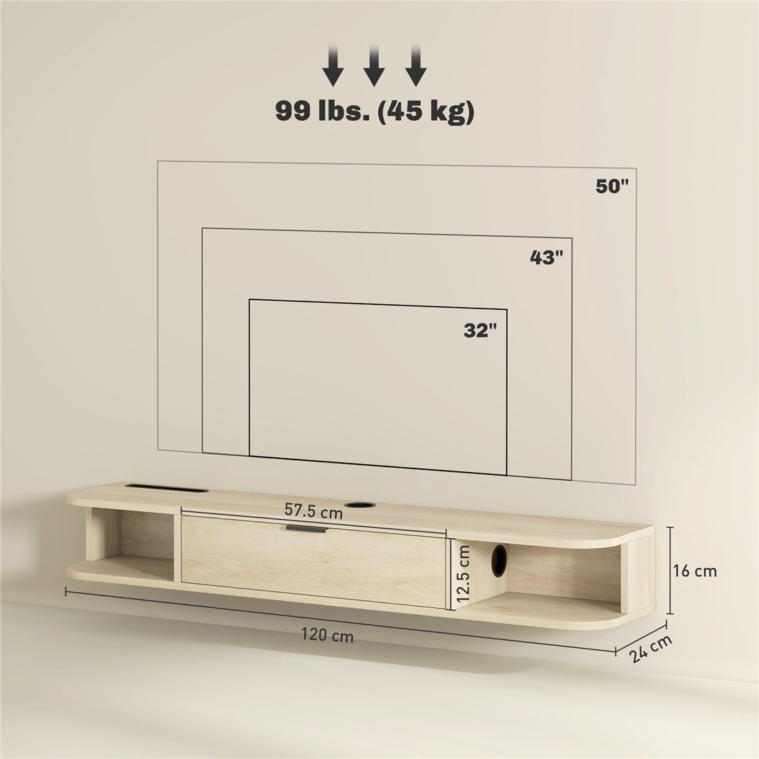 HOMCOM 120 cm Floating TV Unit for TVs up to 50 Inch Natural 83B-528V00ND pic2