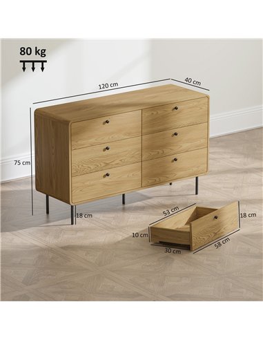 HOMCOM Chest of Drawers, 6 Drawer Dresser - Oak
