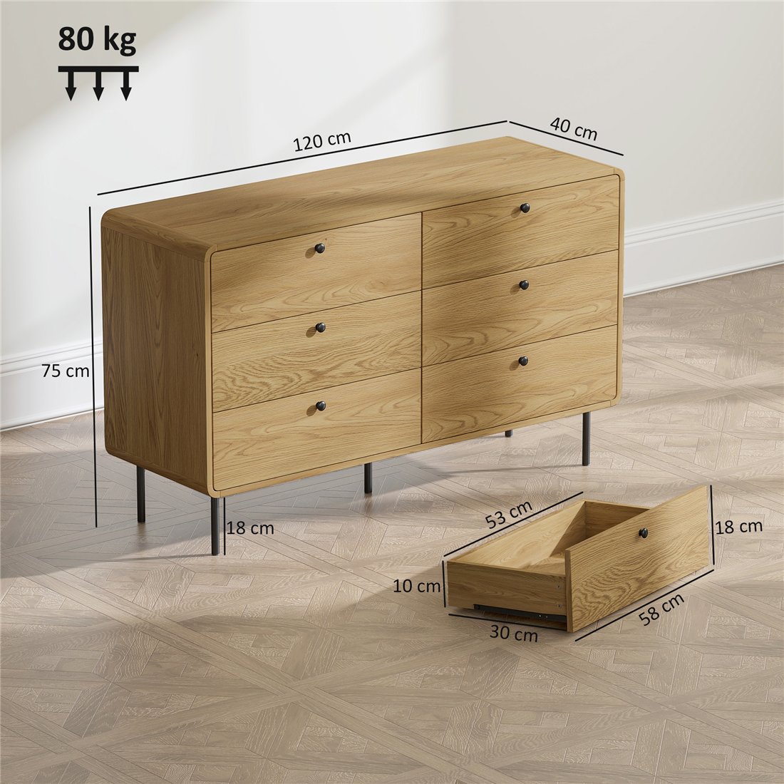 HOMCOM 6 Drawer Chest of Drawers Oak 83D-061V00AK pic2