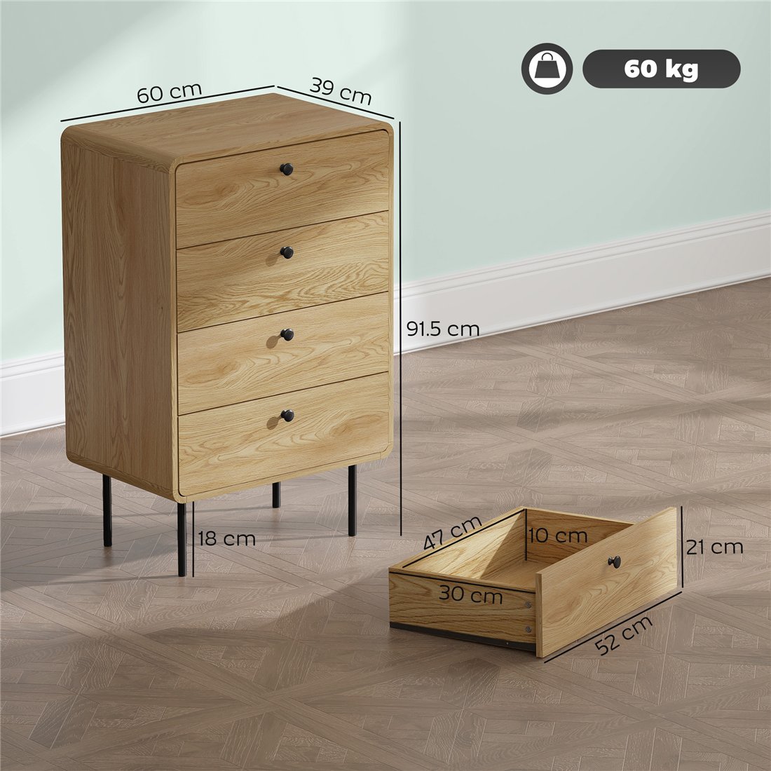 HOMCOM Modern 4-Drawer Chest of Drawers Oak 83D-063V01AK pic2