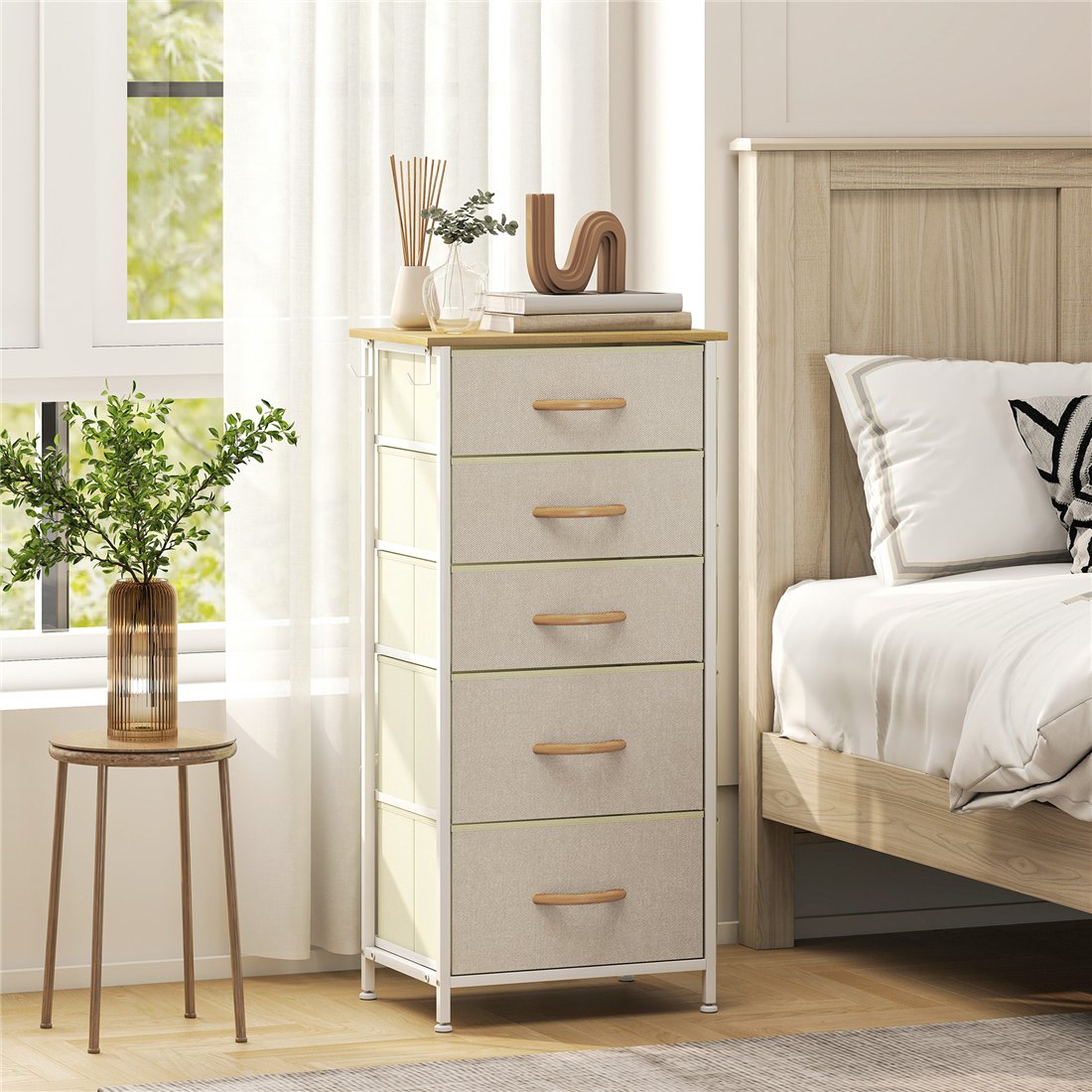 HOMCOM Chest of Five Fabric Drawers Beige 83D-064V01BG pic1