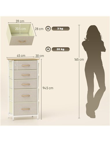 HOMCOM Chest of Five Fabric Drawers - Beige