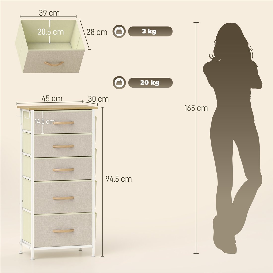 HOMCOM Chest of Five Fabric Drawers Beige 83D-064V01BG pic2