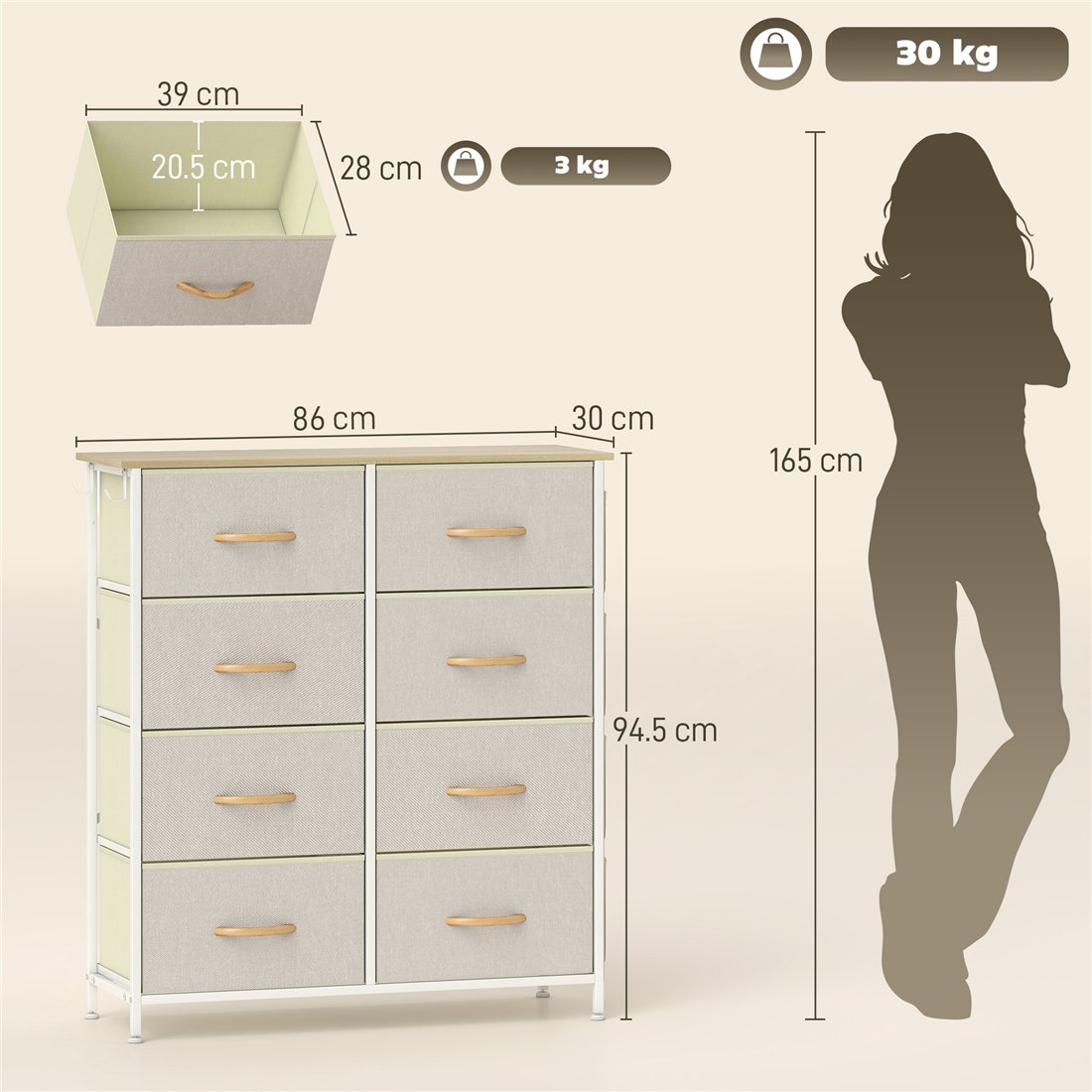 HOMCOM Chest of Eight Fabric Drawers Beige 83D-064V02BG pic2