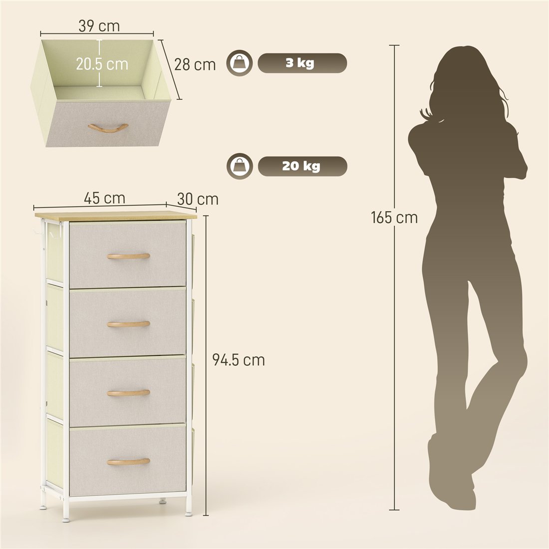 HOMCOM Chest of Four Fabric Drawers Beige 83D-064V00BG pic2