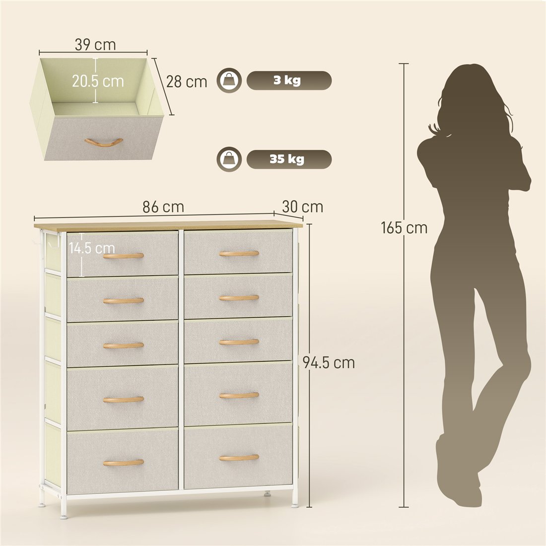 HOMCOM Chest of Ten Fabric Drawers Beige 83D-064V03BG pic2