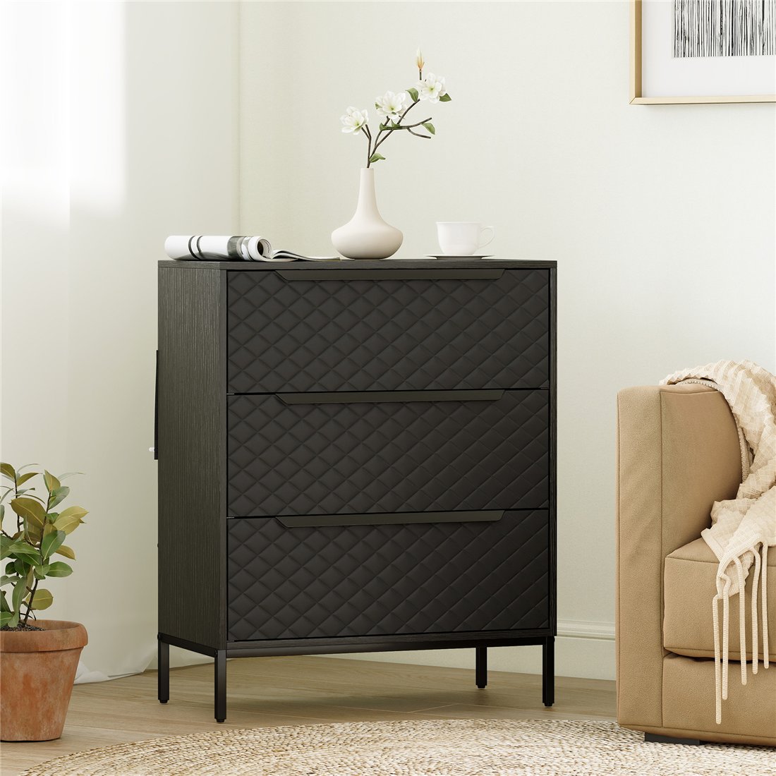 HOMCOM 3-Drawer Fabric Chest with Aluminium Handles Black 83D-087V02BK pic1
