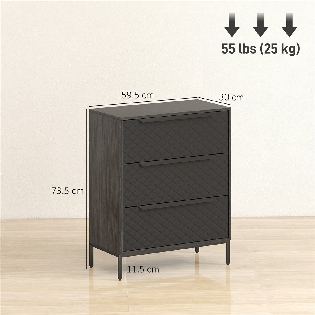 HOMCOM 3-Drawer Fabric Chest with Aluminium Handles Black 83D-087V02BK pic2