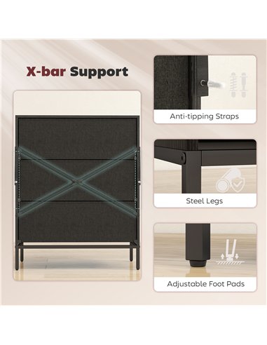 HOMCOM Chest of Drawers, Dresser with 3 Fabric Drawers and Aluminium Handles - Black