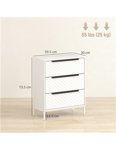 HOMCOM Chest of Drawers, Dresser with 3 Fabric Drawers and Aluminium Handles - White