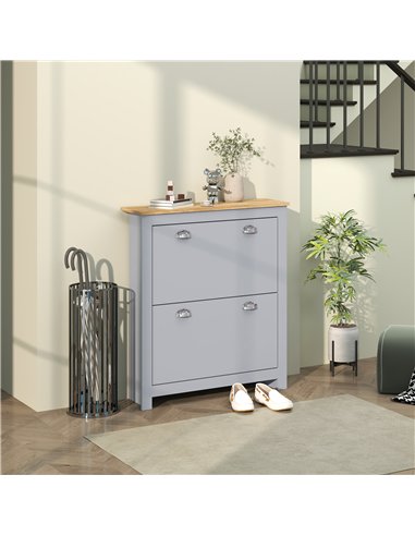 HOMCOM 2 Drawer Shoe Cabinet Modern Narrow Shoe Cupboard Hallway Wooden Storage Organiser with Flip Doors Adjustable Shelf for 6