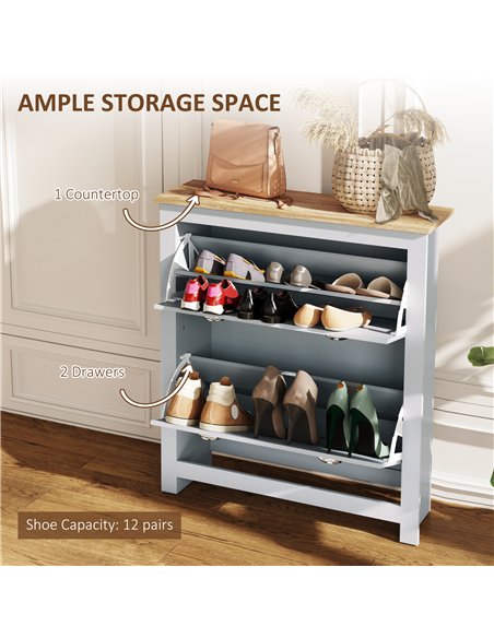 HOMCOM 2 Drawer Shoe Cabinet Modern Narrow Shoe Cupboard Hallway Wooden Storage Organiser with Flip Doors Adjustable Shelf for 6 - pic 167350 | FastDaddyshop