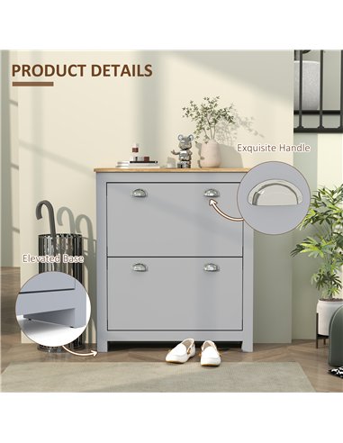 HOMCOM 2 Drawer Shoe Cabinet Modern Narrow Shoe Cupboard Hallway Wooden Storage Organiser with Flip Doors Adjustable Shelf for 6