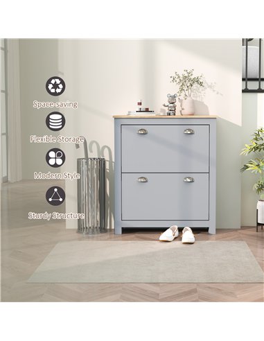 HOMCOM 2 Drawer Shoe Cabinet Modern Narrow Shoe Cupboard Hallway Wooden Storage Organiser with Flip Doors Adjustable Shelf for 6