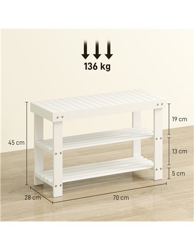 HOMCOM Two Shelf Bamboo Shoe Storage Bench - White