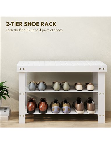 HOMCOM Two Shelf Bamboo Shoe Storage Bench - White
