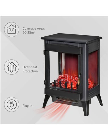Homcom Electric Fireplace Heater with LED Flame Effect, 3-sided Tempered Glass, Overheat Protection, Black