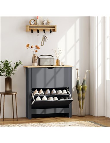HOMCOM Slim Shoe Cabinet, Narrow Shoe Cupboard with 2 Flip Drawers, Adjustable Shelves for 12 Pairs of Shoes, Charcoal Grey