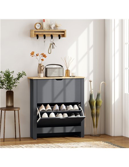 HOMCOM Slim Shoe Cabinet, Narrow Shoe Cupboard with 2 Flip Drawers, Adjustable Shelves for 12 Pairs of Shoes, Charcoal Grey - pic 167375 | FastDaddyshop