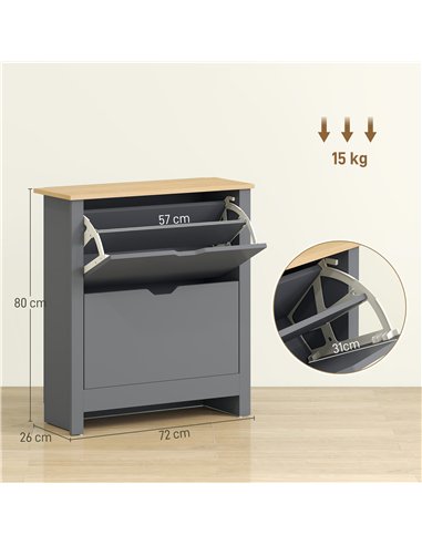 HOMCOM Slim Shoe Cabinet, Narrow Shoe Cupboard with 2 Flip Drawers, Adjustable Shelves for 12 Pairs of Shoes, Charcoal Grey