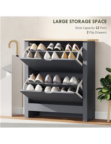 HOMCOM Slim Shoe Cabinet, Narrow Shoe Cupboard with 2 Flip Drawers, Adjustable Shelves for 12 Pairs of Shoes, Charcoal Grey