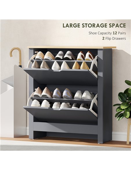 HOMCOM Slim Shoe Cabinet, Narrow Shoe Cupboard with 2 Flip Drawers, Adjustable Shelves for 12 Pairs of Shoes, Charcoal Grey - pic 167377 | FastDaddyshop