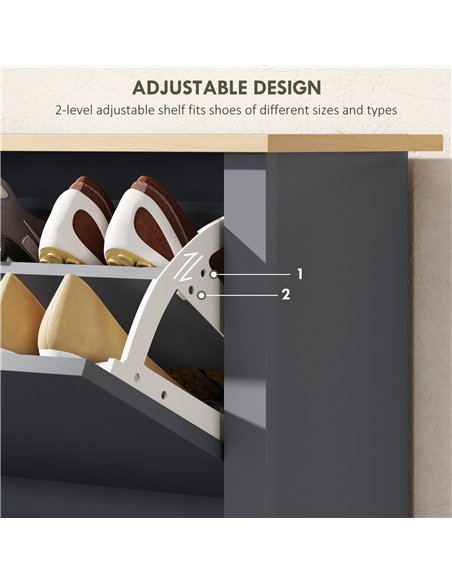 HOMCOM Slim Shoe Cabinet, Narrow Shoe Cupboard with 2 Flip Drawers, Adjustable Shelves for 12 Pairs of Shoes, Charcoal Grey - pic 167378 | FastDaddyshop