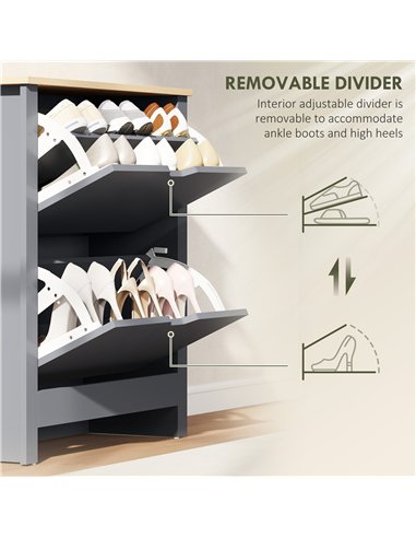 HOMCOM Slim Shoe Cabinet, Narrow Shoe Cupboard with 2 Flip Drawers, Adjustable Shelves for 12 Pairs of Shoes, Charcoal Grey