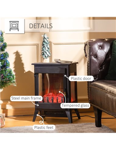 Homcom Electric Fireplace Heater with LED Flame Effect, 3-sided Tempered Glass, Overheat Protection, Black