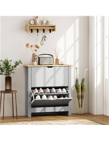 HOMCOM Slim Shoe Cabinet, Narrow Shoe Cupboard with 2 Flip Drawers, Adjustable Shelves for 12 Pairs of Shoes, Light Grey