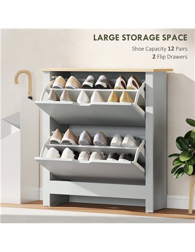 HOMCOM Slim Shoe Cabinet, Narrow Shoe Cupboard with 2 Flip Drawers, Adjustable Shelves for 12 Pairs of Shoes, Light Grey