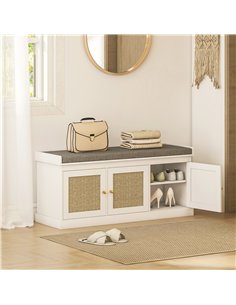 HOMCOM Shoe Storage Bench with Woven Rattan Doors, Seat - White 2