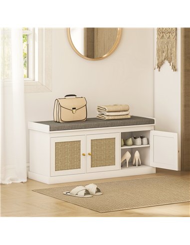 HOMCOM Shoe Storage Bench with Woven Rattan Doors, Seat - White