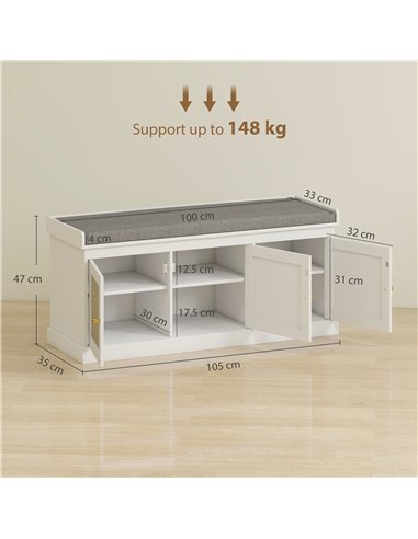 HOMCOM Shoe Storage Bench with Woven Rattan Doors, Seat - White