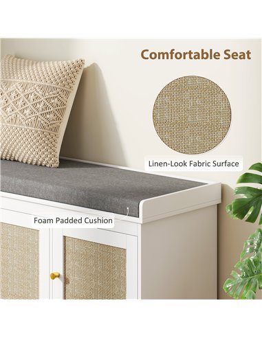HOMCOM Shoe Storage Bench with Woven Rattan Doors, Seat - White