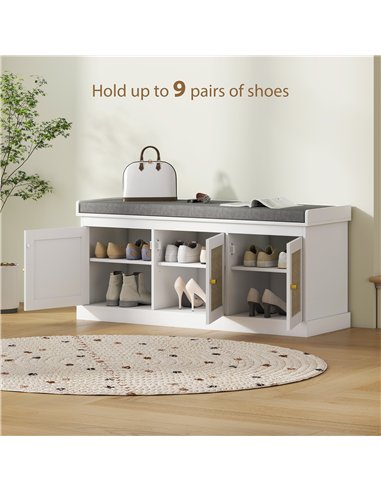 HOMCOM Shoe Storage Bench with Woven Rattan Doors, Seat - White