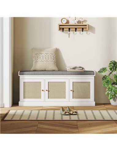 HOMCOM Shoe Storage Bench with Woven Rattan Doors, Seat - White