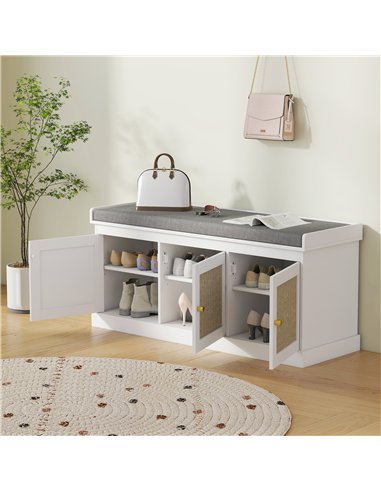 HOMCOM Shoe Storage Bench with Woven Rattan Doors, Seat - White