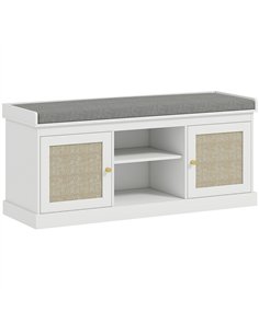 HOMCOM Boho Shoe Storage Bench with Padded Cushion and Rattan Doors - White