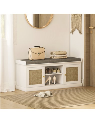 HOMCOM Boho Shoe Storage Bench with Padded Cushion and Rattan Doors - White